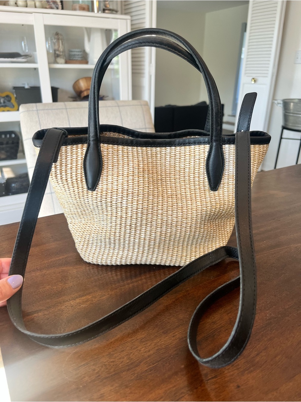 Madewell Mini Shopper Tote in True Black Multi - Leather-Trimmed Straw - Picture 4 of 13